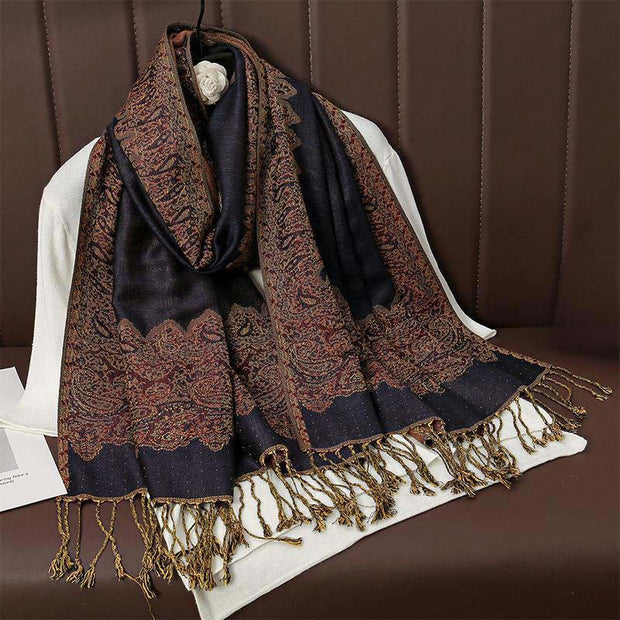 Buddha Stones Winter Ethnic Tibetan Jacquard Paisley Printing Pattern Tassel Cozy Scarf Shawl - MidnightBlue - 70*190cm - image 2