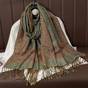 Buddha Stones Winter Ethnic Tibetan Jacquard Paisley Printing Pattern Tassel Cozy Scarf Shawl - DarkSeaGreen - 70*190cm - image 4