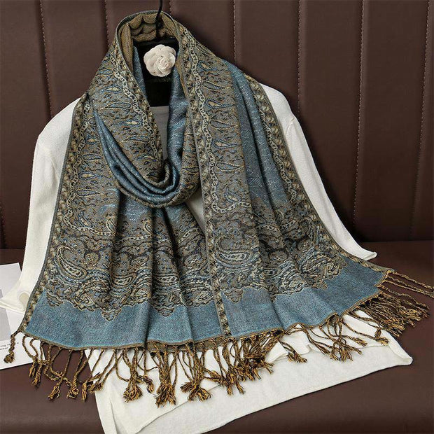 Buddha Stones Winter Ethnic Tibetan Jacquard Paisley Printing Pattern Tassel Cozy Scarf Shawl - LightSteelBlue - 70*190cm - image 5