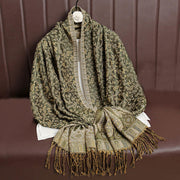 Buddha Stones Tibetan Jacquard Paisley Flower Pattern Color Contrast Design Tassel Cozy Scarf Shawl - OliveDrab - image 17