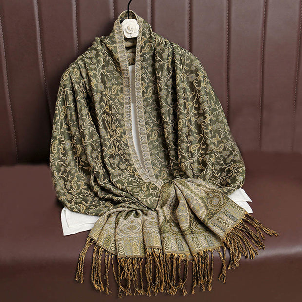 Buddha Stones Tibetan Jacquard Paisley Flower Pattern Color Contrast Design Tassel Cozy Scarf Shawl - OliveDrab - image 17