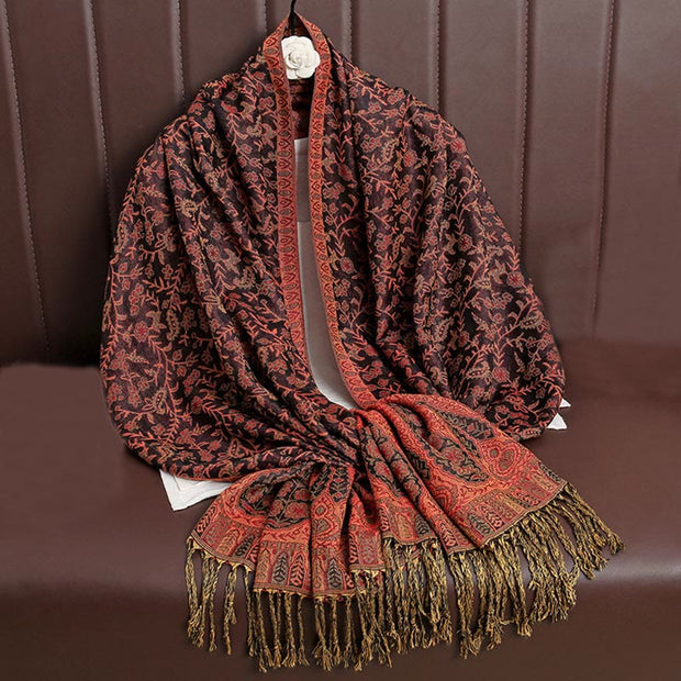Buddha Stones Tibetan Jacquard Paisley Flower Pattern Color Contrast Design Tassel Cozy Scarf Shawl - OrangeRed - image 7