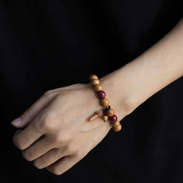 Buddha Stones Peach Wood Cinnabar Sword Charm Wealth Bracelet - image 9