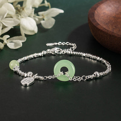 Buddha Stones Copper Plated Silver Fu Character Peace Buckle Fortune Bracelet - Green Peace Buckle(Wrist Circumference: 15-17cm) - image 0