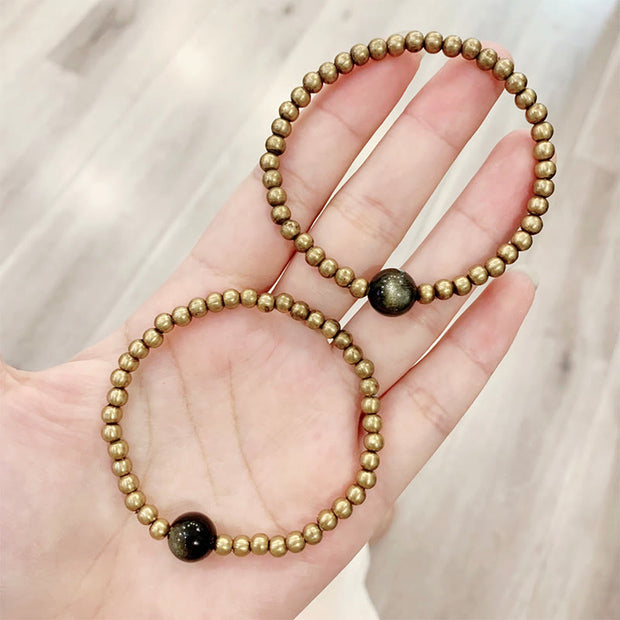 Buddha Stones Plated Copper Brass Gold Sheen Obsidian Protection Wealth Bracelet - image 1