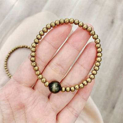 Buddha Stones Plated Copper Brass Gold Sheen Obsidian Protection Wealth Bracelet - Copper Brass & Gold Sheen Obsidian(Wrist Circumference: 14-16cm) - image 0
