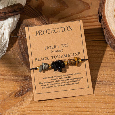 Buddha Stones Tiger Eye Black Tourmaline Pyrite Protection Card Rope Bracelet - Irregular Beads (Wrist Circumference: 14-23cm) - image 0