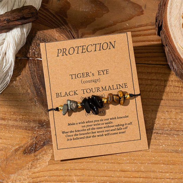 Buddha Stones Tiger Eye Black Tourmaline Pyrite Protection Card Rope Bracelet - Irregular Beads (Wrist Circumference: 14-23cm) - image 0
