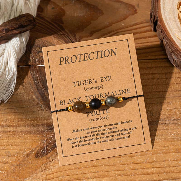Buddha Stones Tiger Eye Black Tourmaline Pyrite Protection Card Rope Bracelet - Round Beads(Wrist Circumference: 14-23cm) - image 1