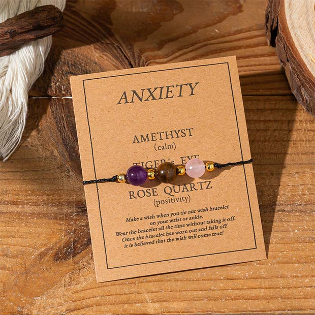 Buddha Stones Amethyst Tiger Eye Rose Quartz Protection Anti-Anxiety Card Rope Bracelet - Round Beads(Wrist Circumference: 14-23cm) - image 1