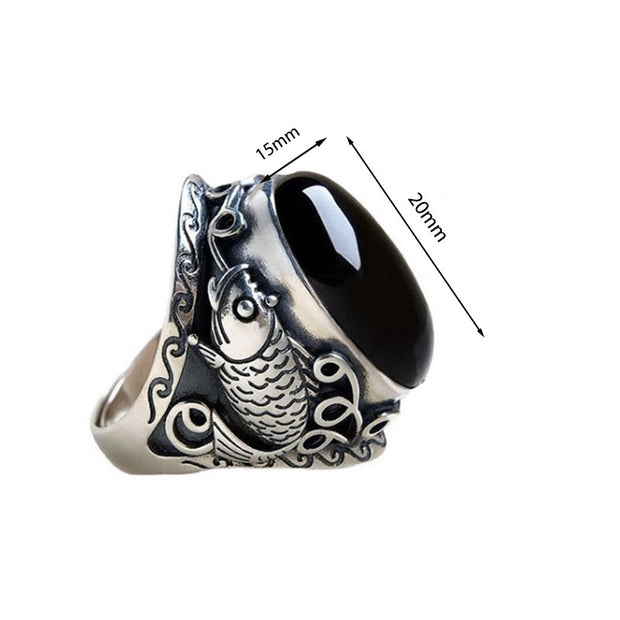 Buddha Stones Black Obsidian Koi Fish Symbol Strength Adjustable Ring - image 4