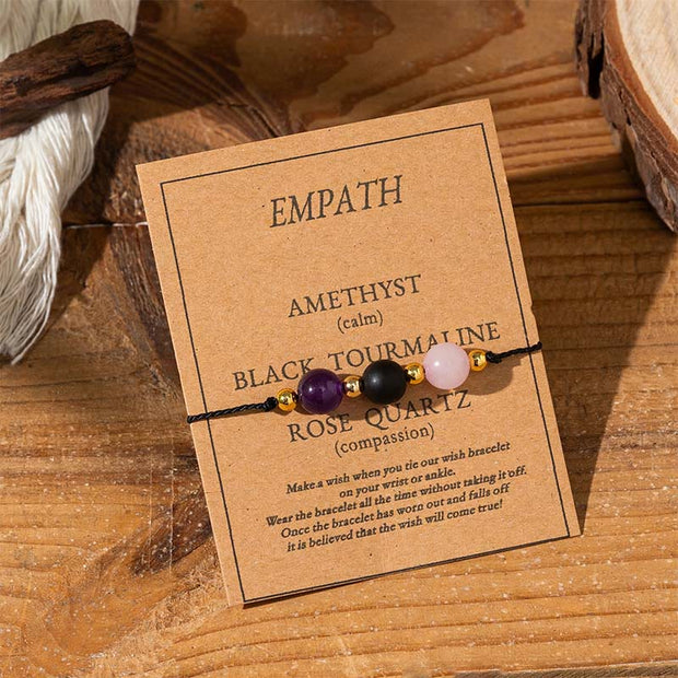 Buddha Stones Amethyst Black Tourmaline Rose Quartz Empath Card Rope Bracelet - Round Beads(Wrist Circumference: 14-23cm) - image 1