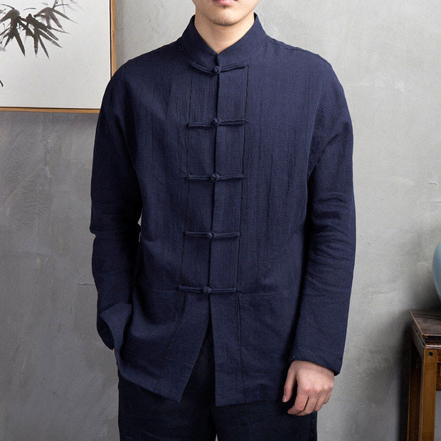 Buddha Stones Solid Color Casual Frog-button Men's Shirt Clothing - MidnightBlue - US/UK/AU44，EU54 (5XL) - image 9