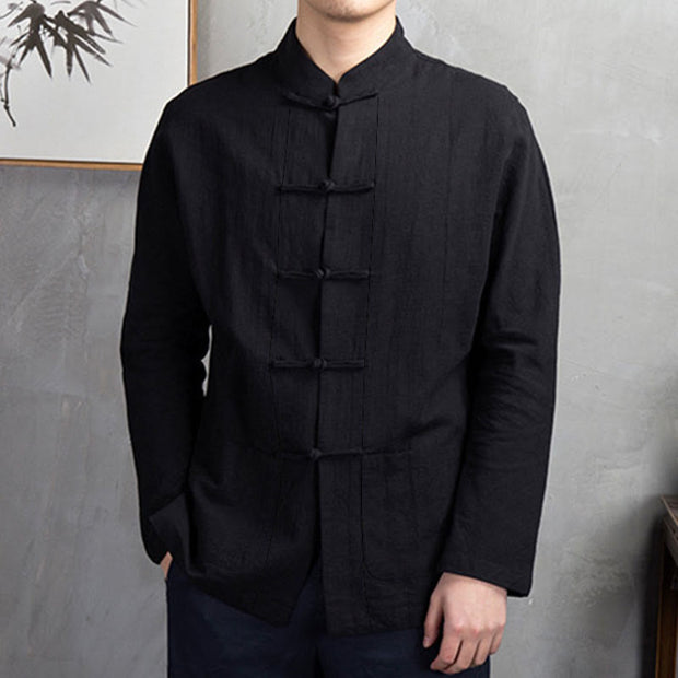 Buddha Stones Solid Color Casual Frog-button Men's Shirt Clothing - image 23