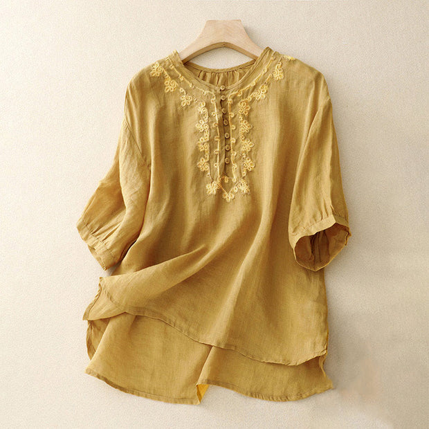 Buddha Stones Casual Women's Plain Frog Buckle Design Half Sleeve Shirt - Goldenrod - US8-10，UK/AU12-14，EU40-42 (2XL) - image 12