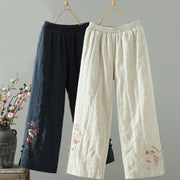 Buddha Stones Embroidered Frog Button Cotton Padded Women's Wide Leg Pants With Pockets - MidnightBlue - US8-10，UK/AU12-14，EU40-42 (2XL) - image 0