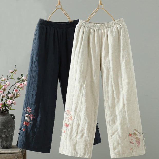 Buddha Stones Embroidered Frog Button Cotton Padded Women's Wide Leg Pants With Pockets - MidnightBlue - US8-10，UK/AU12-14，EU40-42 (2XL) - image 0