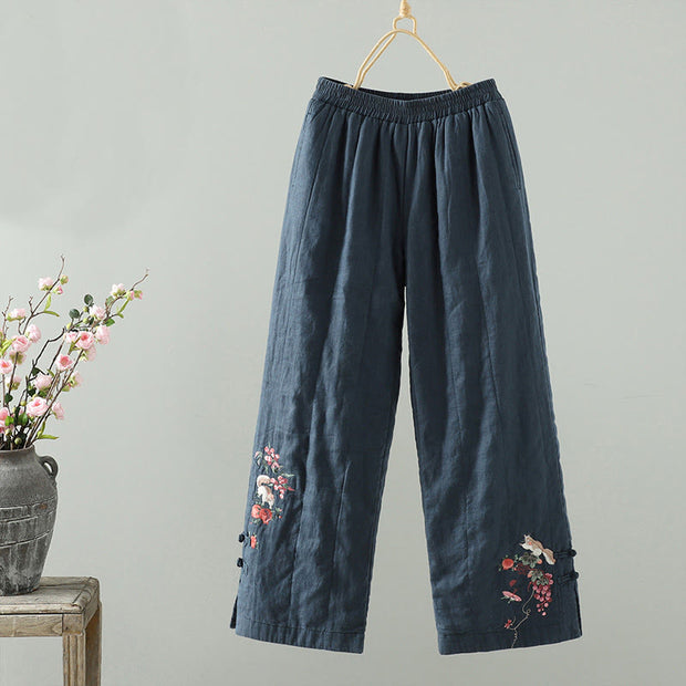Buddha Stones Embroidered Frog Button Cotton Padded Women's Wide Leg Pants With Pockets - image 1