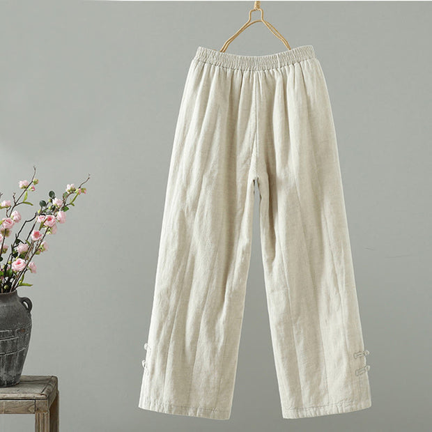 Buddha Stones Embroidered Frog Button Cotton Padded Women's Wide Leg Pants With Pockets - image 7