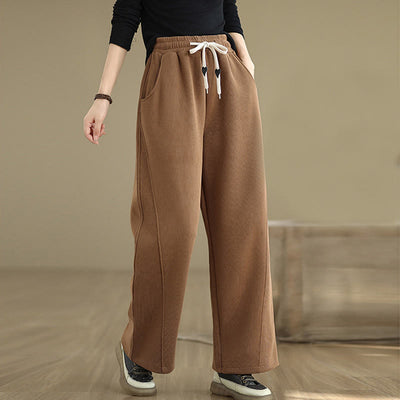 Buddha Stones Solid Color Drawstring Cotton Padded Women's Wide Leg Pants With Pockets - Peru - US8-10，UK/AU12-14，EU40-42 (2XL) - image 0