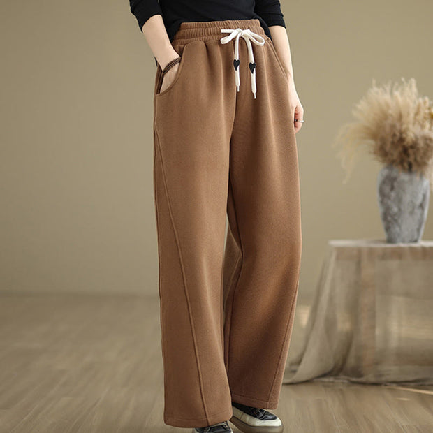Buddha Stones Solid Color Drawstring Cotton Padded Women's Wide Leg Pants With Pockets - image 3