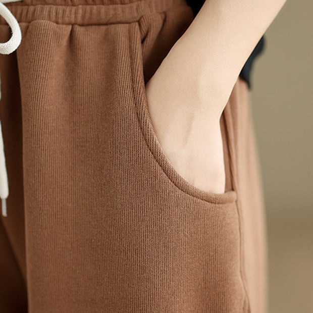 Buddha Stones Solid Color Drawstring Cotton Padded Women's Wide Leg Pants With Pockets - image 8