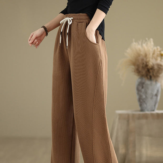 Buddha Stones Solid Color Drawstring Cotton Padded Women's Wide Leg Pants With Pockets - image 2