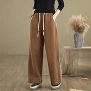 Buddha Stones Solid Color Drawstring Cotton Padded Women's Wide Leg Pants With Pockets - image 1