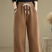 Buddha Stones Solid Color Drawstring Cotton Padded Women's Wide Leg Pants With Pockets - image 5