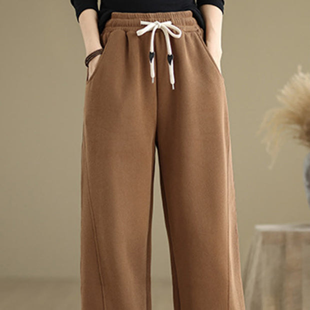 Buddha Stones Solid Color Drawstring Cotton Padded Women's Wide Leg Pants With Pockets - image 5