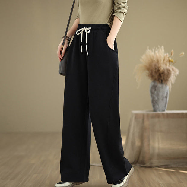 Buddha Stones Solid Color Drawstring Cotton Padded Women's Wide Leg Pants With Pockets - image 10