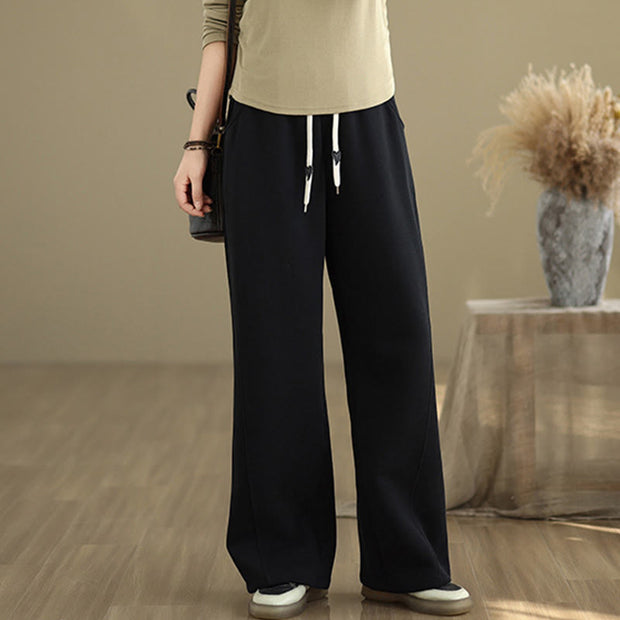 Buddha Stones Solid Color Drawstring Cotton Padded Women's Wide Leg Pants With Pockets - Black - US8-10，UK/AU12-14，EU40-42 (2XL) - image 9