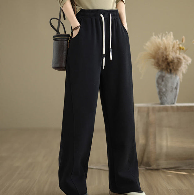 Buddha Stones Solid Color Drawstring Cotton Padded Women's Wide Leg Pants With Pockets - image 12
