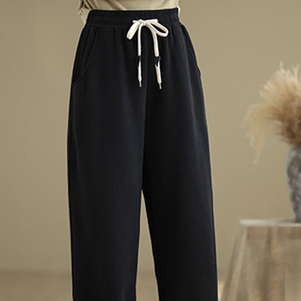 Buddha Stones Solid Color Drawstring Cotton Padded Women's Wide Leg Pants With Pockets - image 13