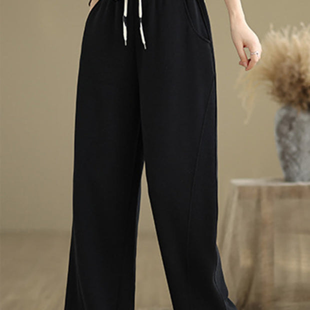 Buddha Stones Solid Color Drawstring Cotton Padded Women's Wide Leg Pants With Pockets - image 14