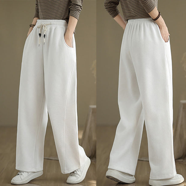 Buddha Stones Solid Color Drawstring Cotton Padded Women's Wide Leg Pants With Pockets - image 17
