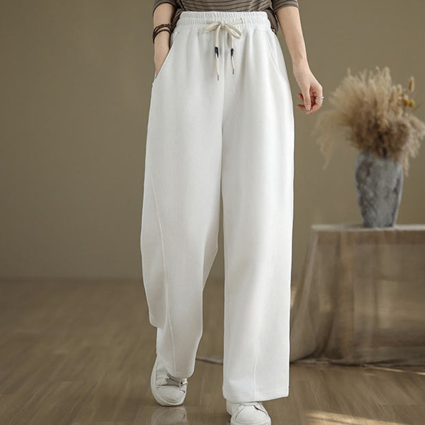 Buddha Stones Solid Color Drawstring Cotton Padded Women's Wide Leg Pants With Pockets - image 16