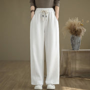 Buddha Stones Solid Color Drawstring Cotton Padded Women's Wide Leg Pants With Pockets - White - US8-10，UK/AU12-14，EU40-42 (2XL) - image 15