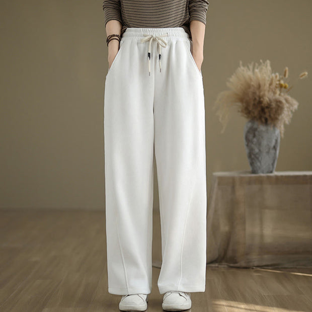 Buddha Stones Solid Color Drawstring Cotton Padded Women's Wide Leg Pants With Pockets - White - US8-10，UK/AU12-14，EU40-42 (2XL) - image 15