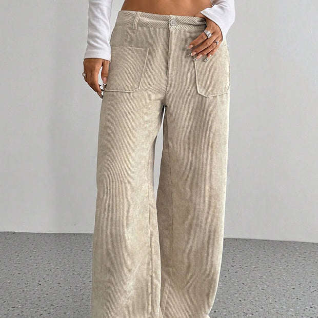 Buddha Stones Plain Corduroy Polyester Women's Buttons Wide Leg Pants With Pockets - image 5