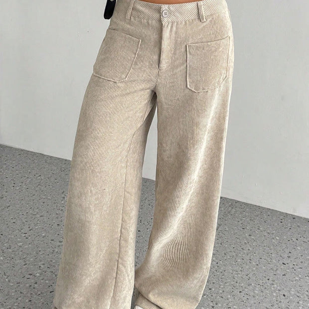 Buddha Stones Plain Corduroy Polyester Women's Buttons Wide Leg Pants With Pockets - image 2