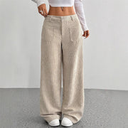 Buddha Stones Plain Corduroy Polyester Women's Buttons Wide Leg Pants With Pockets - Beige - US14，UK/AU18，EU46 (2XL) - image 0