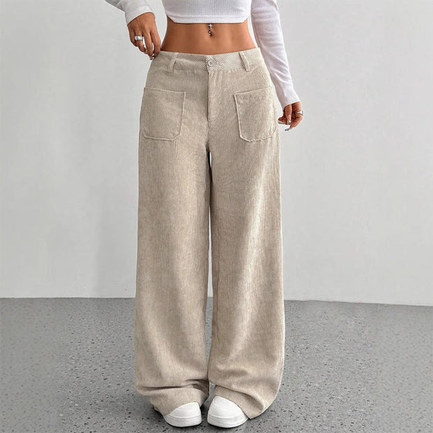 Buddha Stones Plain Corduroy Polyester Women's Buttons Wide Leg Pants With Pockets - Beige - US14，UK/AU18，EU46 (2XL) - image 0