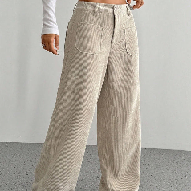 Buddha Stones Plain Corduroy Polyester Women's Buttons Wide Leg Pants With Pockets - image 4