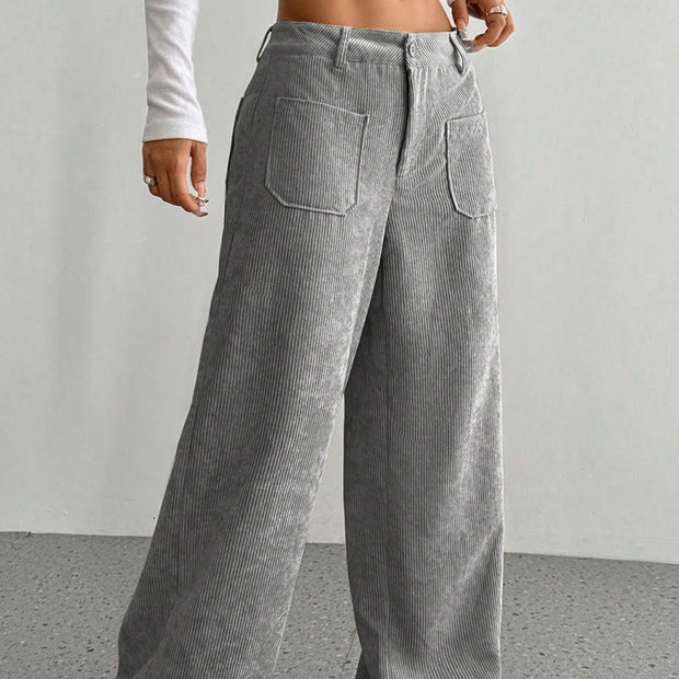 Buddha Stones Plain Corduroy Polyester Women's Buttons Wide Leg Pants With Pockets - image 11