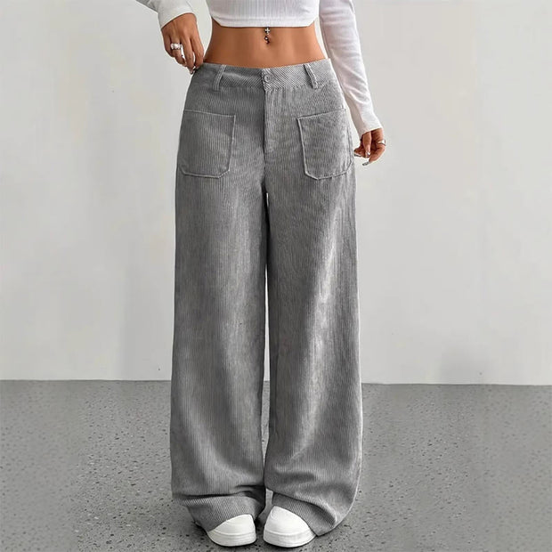 Buddha Stones Plain Corduroy Polyester Women's Buttons Wide Leg Pants With Pockets - image 7