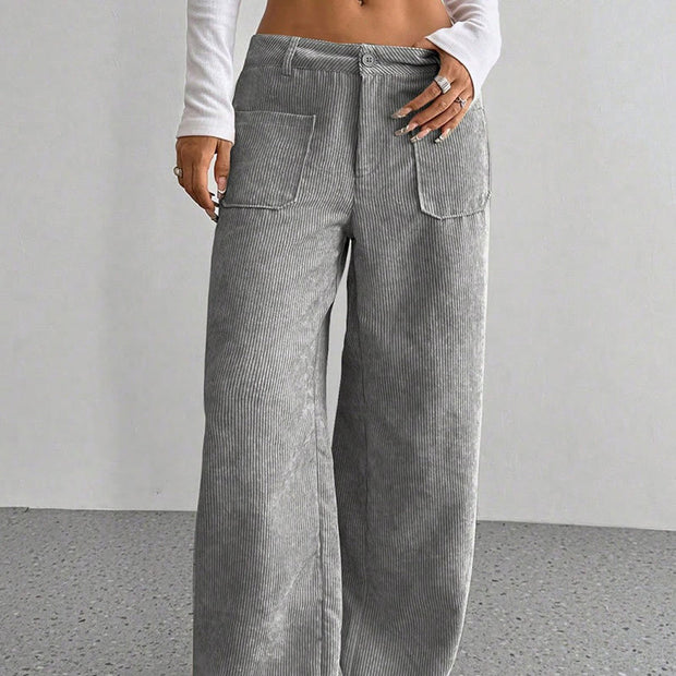 Buddha Stones Plain Corduroy Polyester Women's Buttons Wide Leg Pants With Pockets - image 9