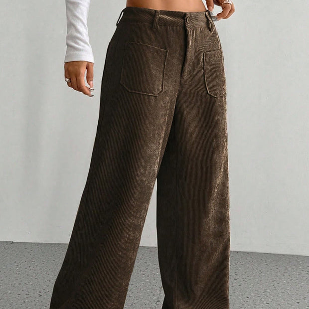 Buddha Stones Plain Corduroy Polyester Women's Buttons Wide Leg Pants With Pockets - image 14