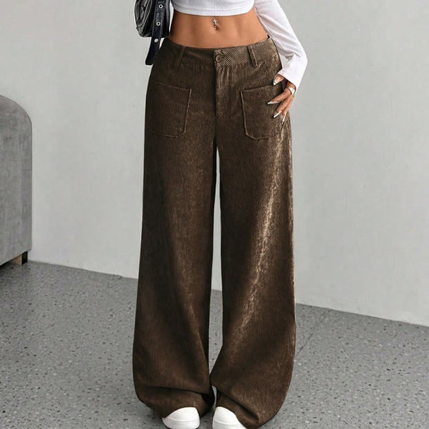 Buddha Stones Plain Corduroy Polyester Women's Buttons Wide Leg Pants With Pockets - image 15