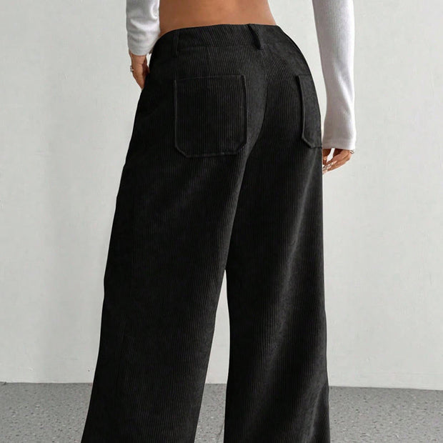 Buddha Stones Plain Corduroy Polyester Women's Buttons Wide Leg Pants With Pockets - image 21